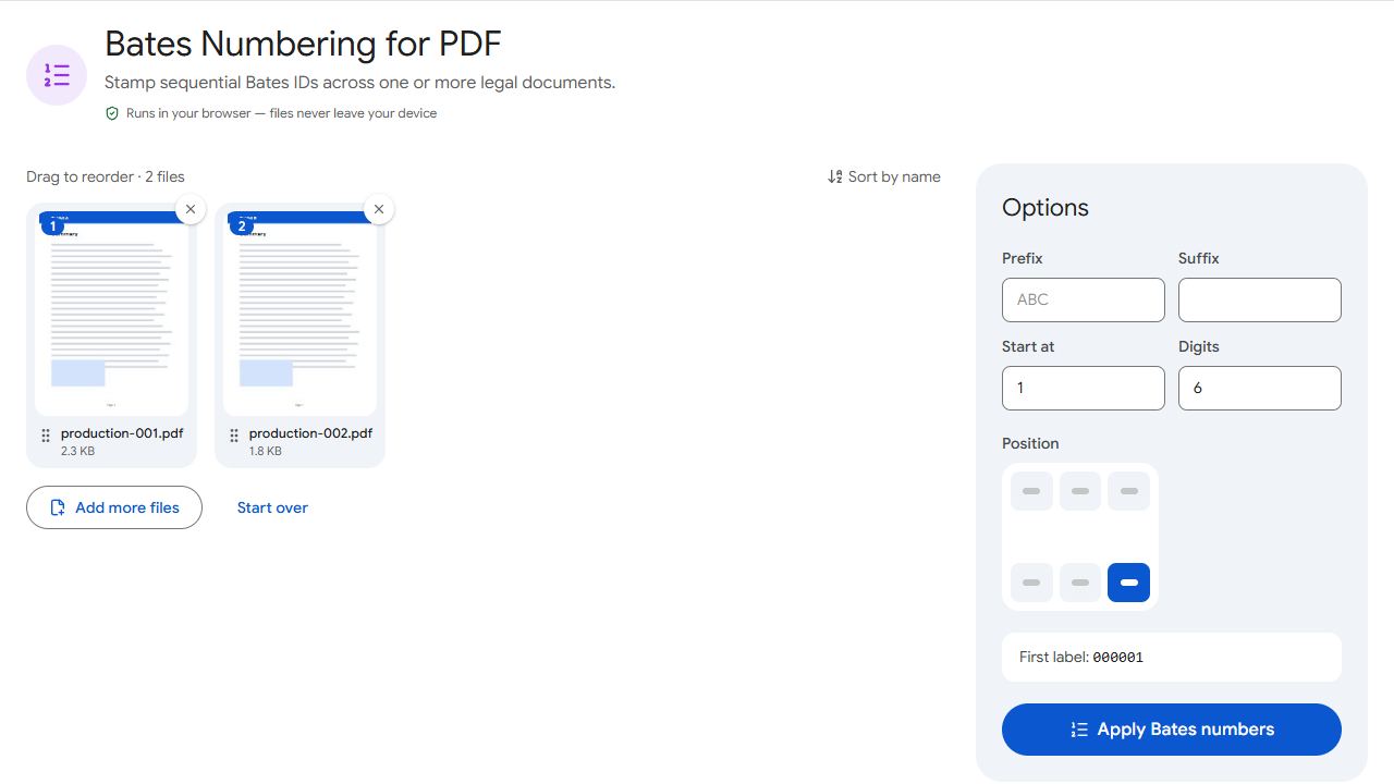 The Bates Numbering tool in PDFCraftly with sample files added