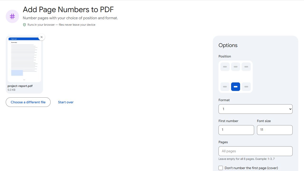 The Page Numbers tool in PDFCraftly with sample files added