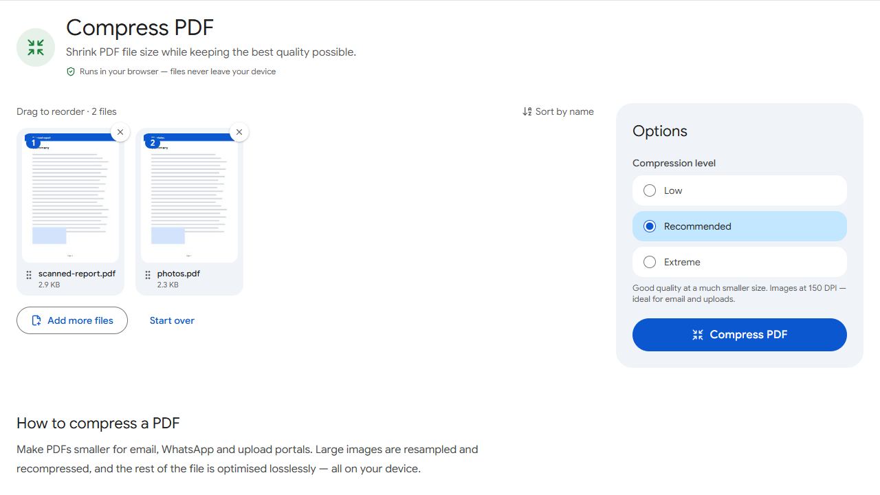 The Compress PDF tool in PDFCraftly with sample files added