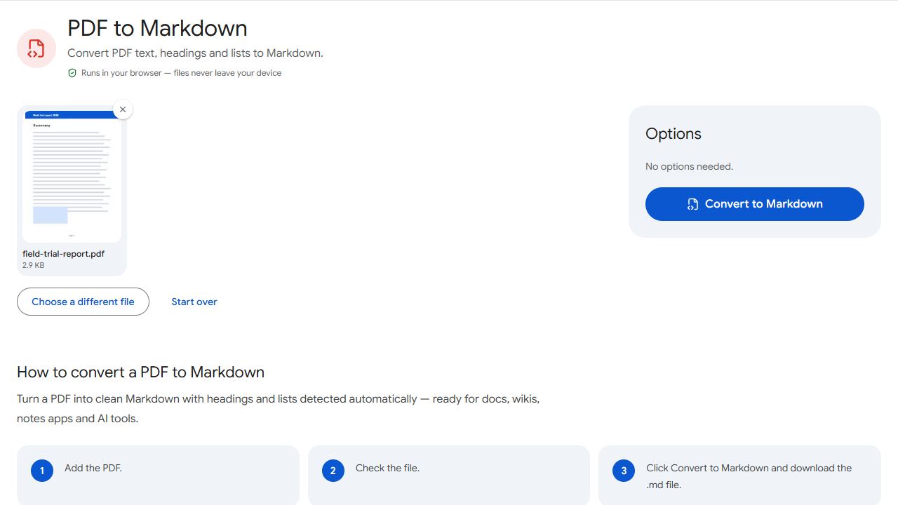 The PDF to Markdown tool in PDFCraftly with sample files added