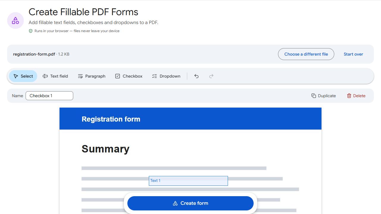 The Create Forms tool in PDFCraftly with sample files added