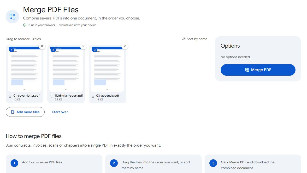 The Merge PDF tool in PDFCraftly with sample files added