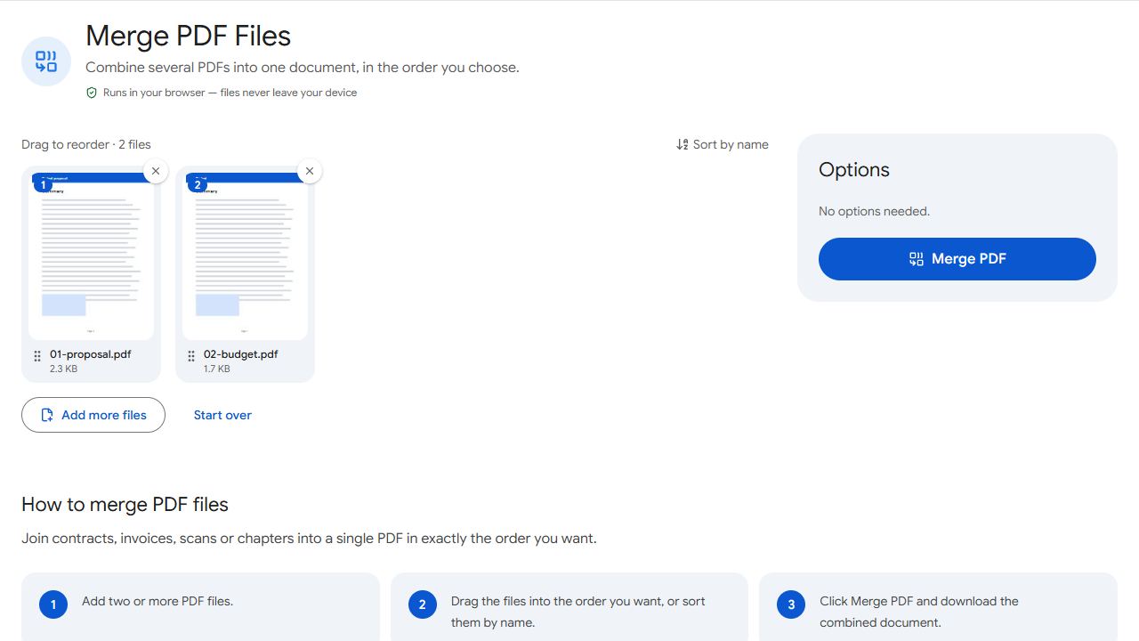 The Merge PDF tool in PDFCraftly with sample files added