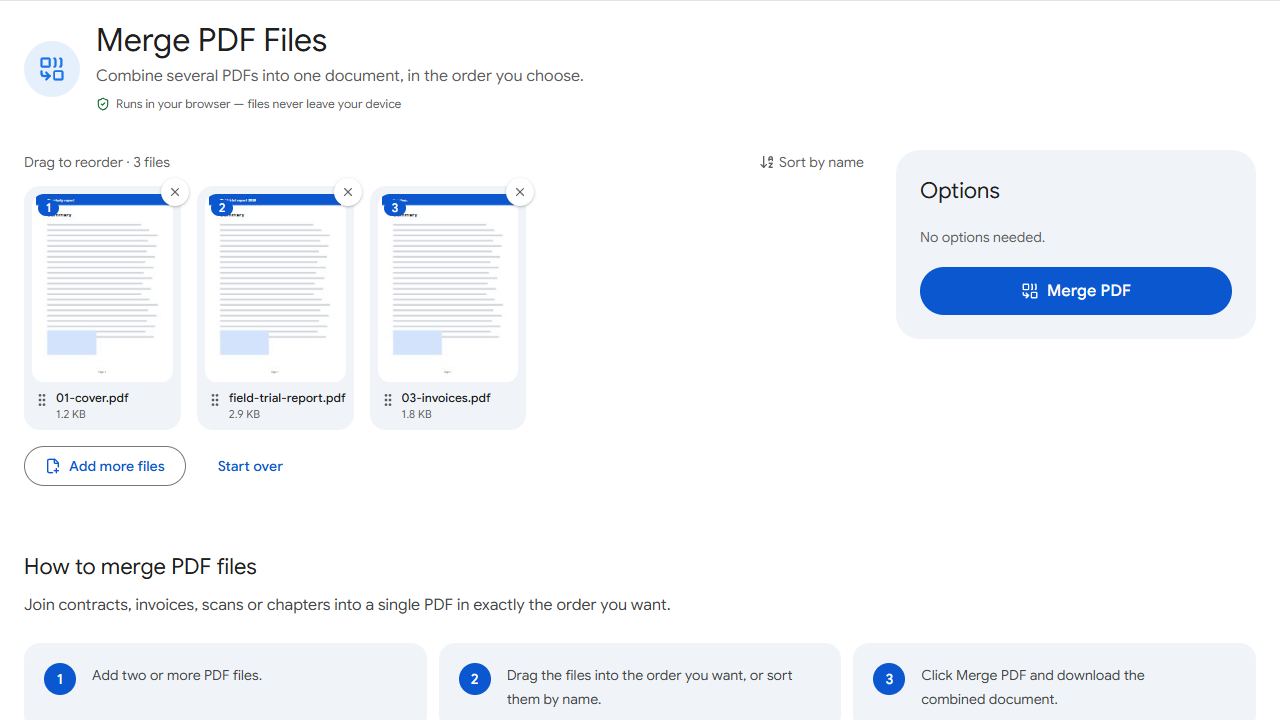 The Merge PDF tool in PDFCraftly with sample files added