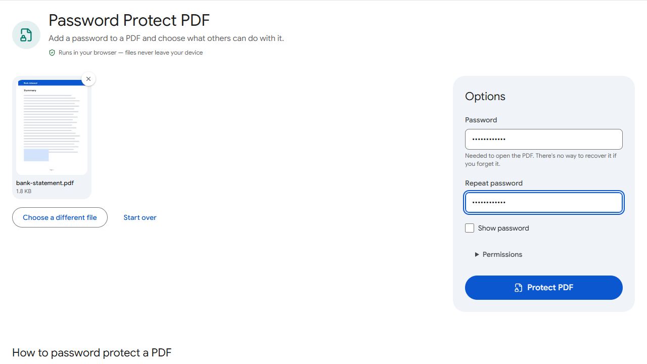 The Protect PDF tool in PDFCraftly with sample files added