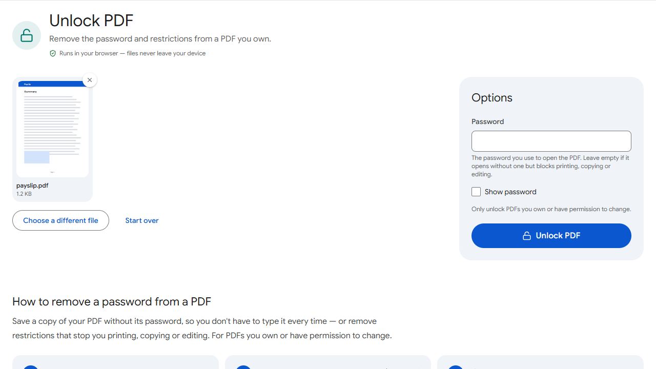 The Unlock PDF tool in PDFCraftly with sample files added