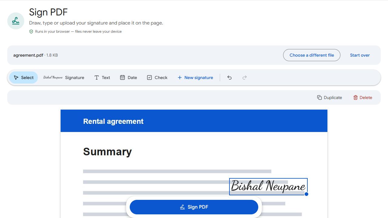 The Sign PDF tool in PDFCraftly with sample files added