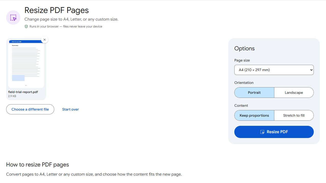 The Resize PDF tool in PDFCraftly with sample files added