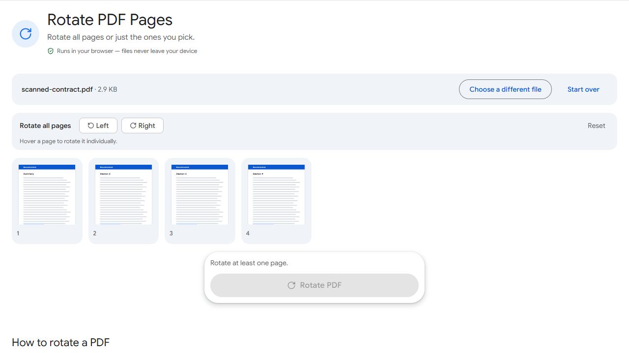 The Rotate PDF tool in PDFCraftly with sample files added